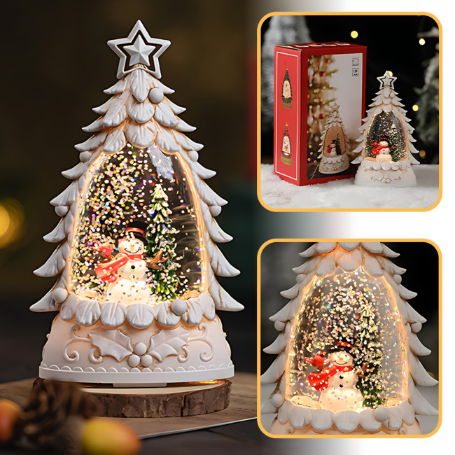Ночник &laquo;Рождественская ёлка&raquo; SN27 &mdash; LED подсветка 3500K, блёстки, фигурки, тёплый белый свет, 14 см, питание от батареек, белый