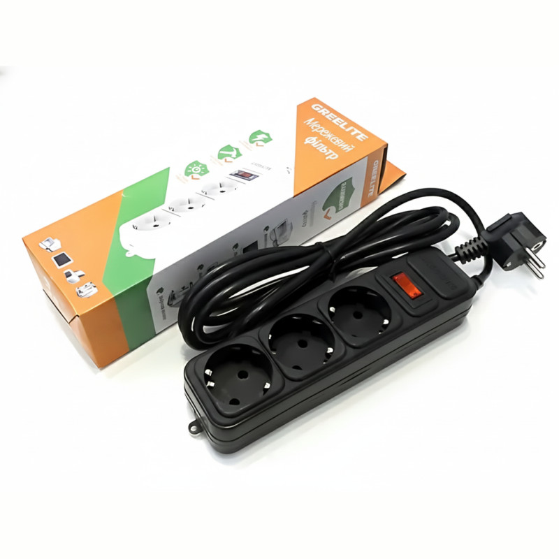 Мережевий фільтр GRELITE SP3, подовжувач на 3 розетки з вимикачем, 1.8 м, 2500 Вт, заземлення, захист від перенапруги, чорний фото - 8