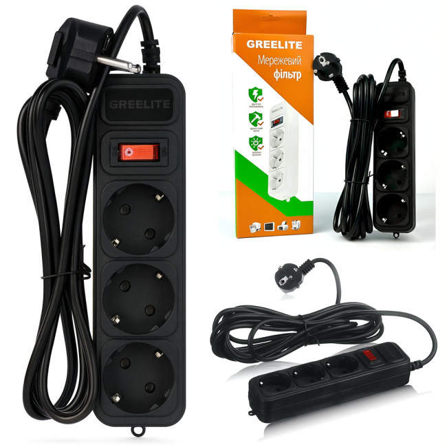 Мережевий фільтр GRELITE SP3, подовжувач на 3 розетки з вимикачем, 1.8 м, 2500 Вт, заземлення, захист від перенапруги, чорний