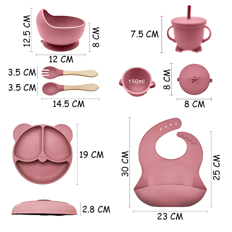 Детский силиконовый набор посуды 6 предметов: тарелка на присоске с 3 секциями &Oslash;19 см, с ложкой и вилкой, чашкой-поилкой 150 мл Бежевый фото - 8