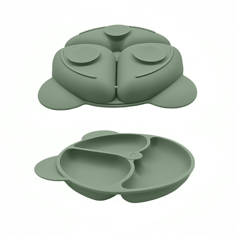 Детский силиконовый набор посуды 6 предметов: тарелка на присоске с 3 секциями &Oslash;19 см, с ложкой и вилкой, чашкой-поилкой 150 мл Бежевый фото - 4