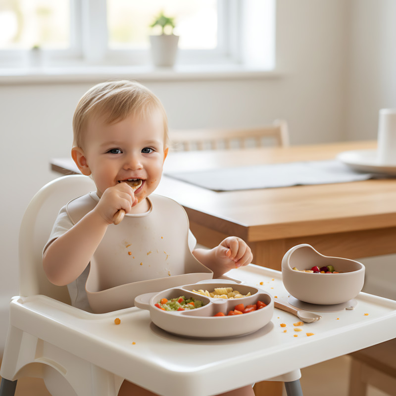 Детский силиконовый набор посуды 6 предметов: тарелка на присоске с 3 секциями &Oslash;19 см, с ложкой и вилкой, чашкой-поилкой 150 мл Бежевый фото - 9