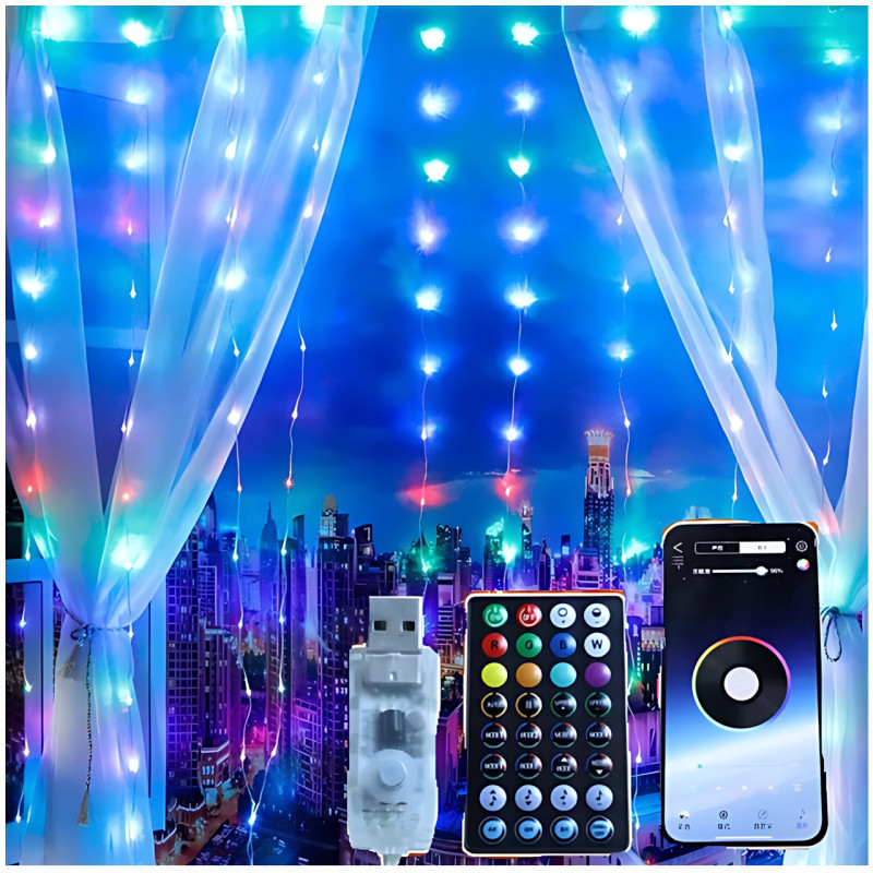 Многоцветная RGB гирлянда-штора SFK-05 3х2 м, USB, с управлением через APP и Bluetooth фото - 6