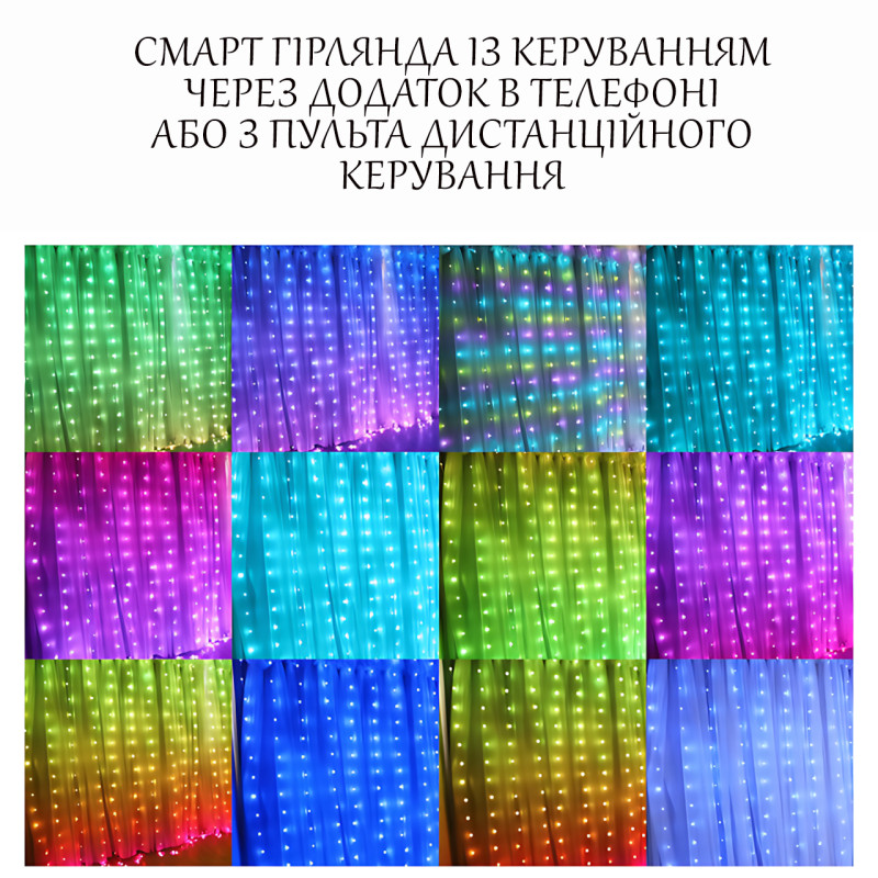 Многоцветная RGB гирлянда-штора SFK-05 3х2 м, USB, с управлением через APP и Bluetooth фото - 3