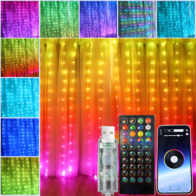 Многоцветная RGB гирлянда-штора SFK-05 3х2 м, USB, с управлением через APP и Bluetooth