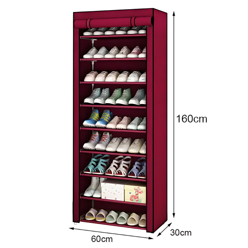 Складной тканевый стеллаж для обуви JBI TOPY, 9 полок, 160×60×30 см, металлический каркас, защита от пыли фото - 7