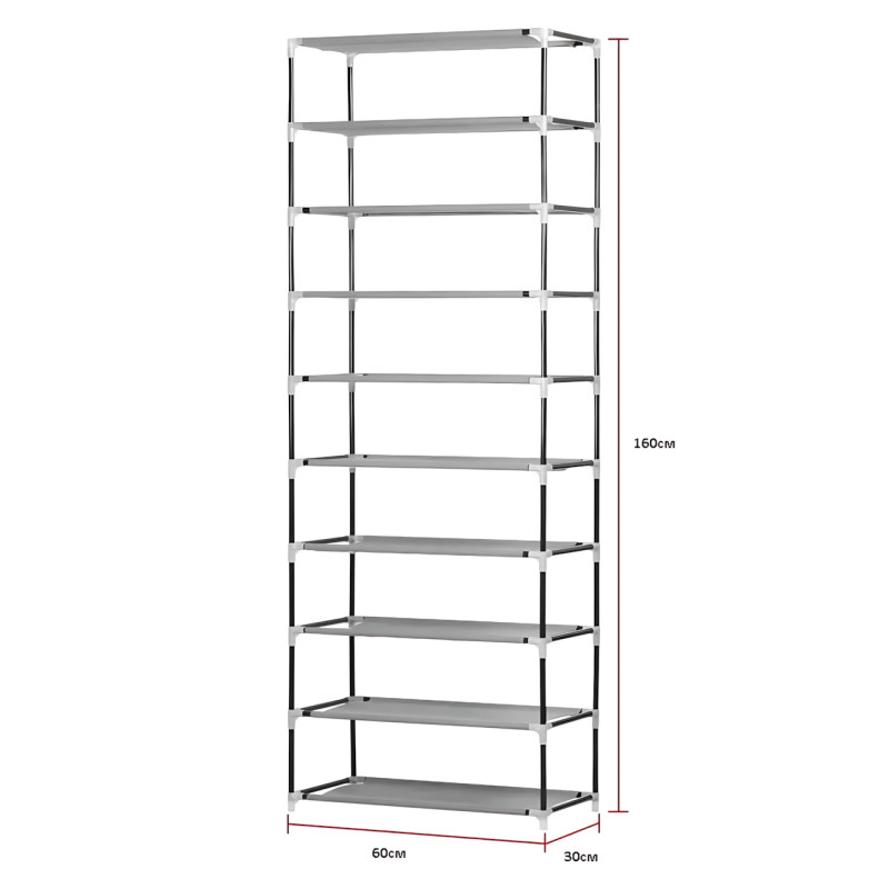 Складной тканевый стеллаж для обуви JBI TOPY, 9 полок, 160×60×30 см, металлический каркас, защита от пыли фото - 6