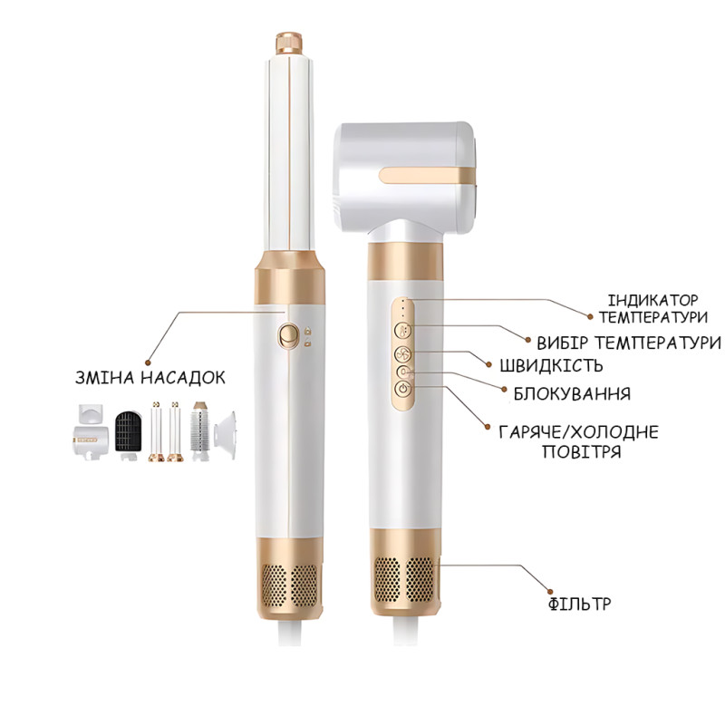 Многофункциональный фен-стайлер 7-в-1 1400 Вт, 110 000 об/мин, ионизация, холодный воздух, 3 температуры (55/75/130&deg;C), 3 скорости фото - 3