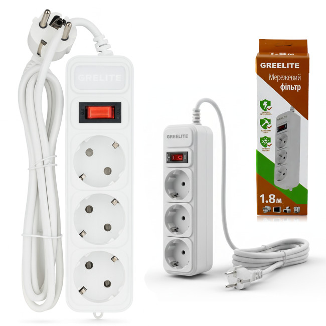 Мережевий фільтр GRELITE SP3, подовжувач на 3 розетки з вимикачем, 1.8 м, 2500 Вт, заземлення, захист від перенапруги, чорний Біли