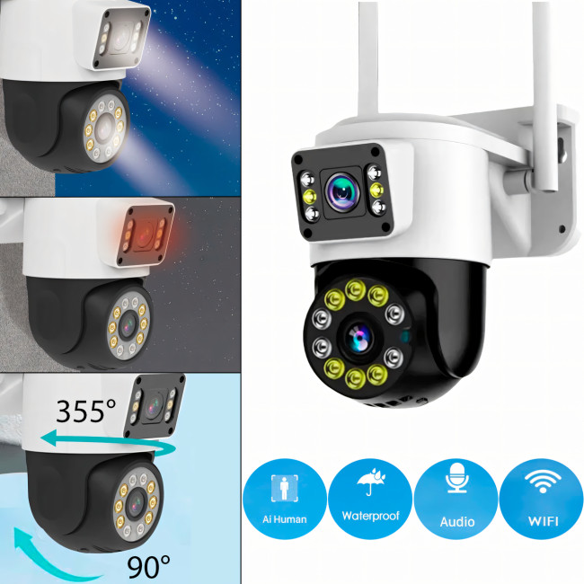 Наружная IP WiFi камера, 2 объектива 2+2 МП, 3.6-6 mm, звук, SD, IP66, отслеживание, сирена