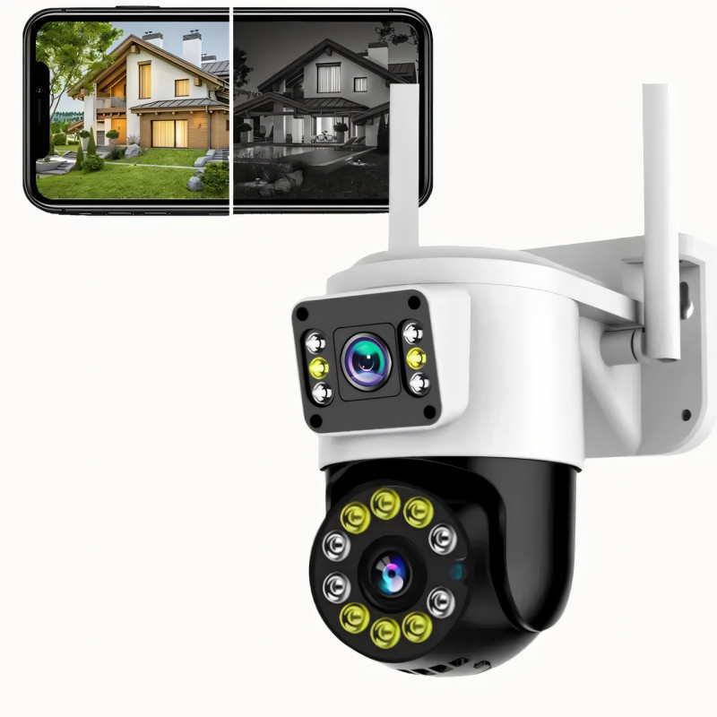 Наружная IP WiFi камера, 2 объектива 2+2 МП, 3.6-6 mm, звук, SD, IP66, отслеживание, сирена фото - 2