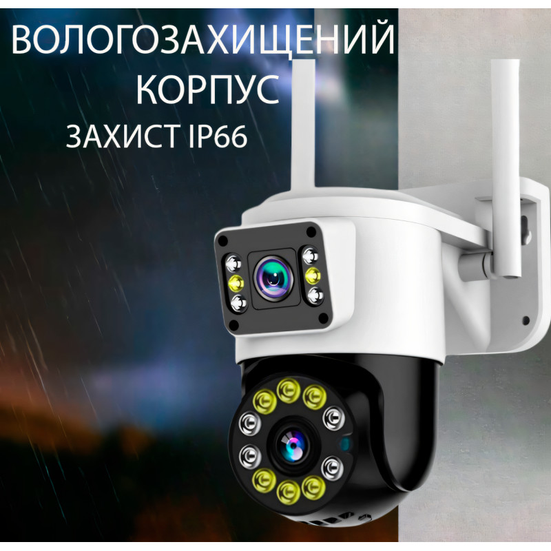 Наружная IP WiFi камера, 2 объектива 2+2 МП, 3.6-6 mm, звук, SD, IP66, отслеживание, сирена фото - 3