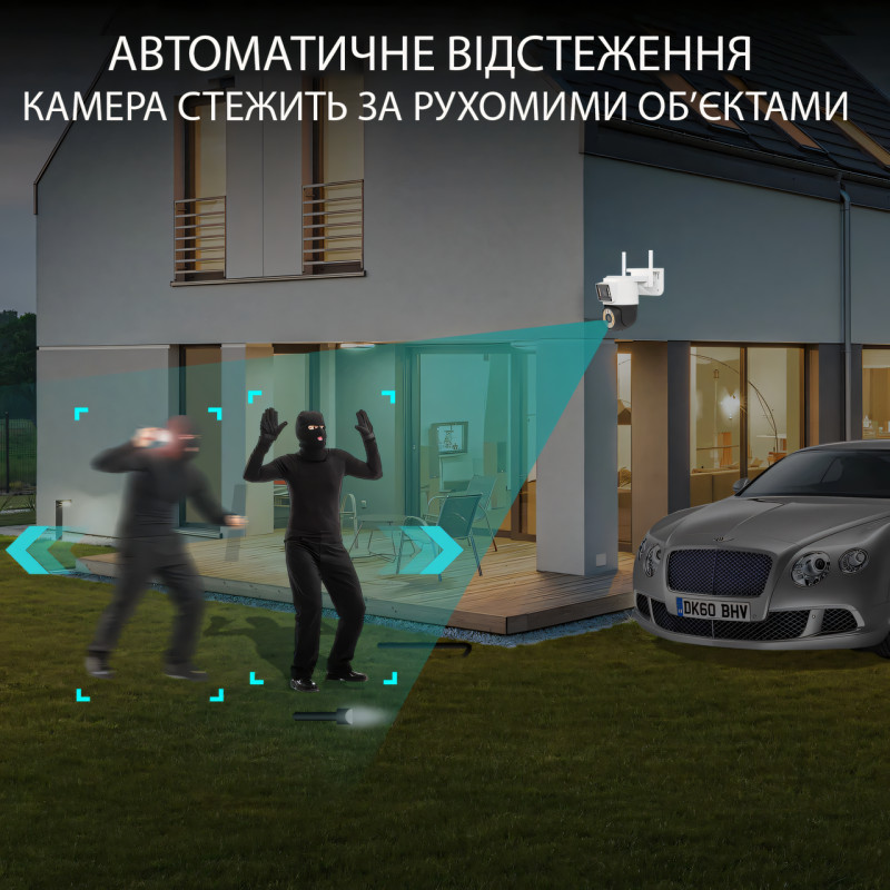 Наружная IP WiFi камера, 2 объектива 2+2 МП, 3.6-6 mm, звук, SD, IP66, отслеживание, сирена фото - 4
