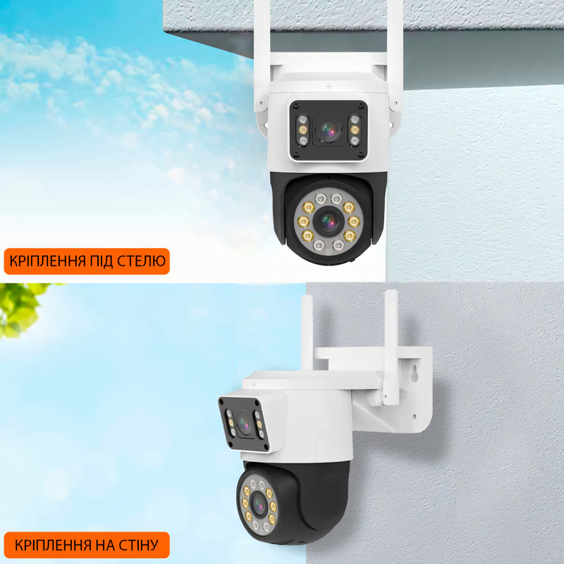 Наружная IP WiFi камера, 2 объектива 2+2 МП, 3.6-6 mm, звук, SD, IP66, отслеживание, сирена фото - 5