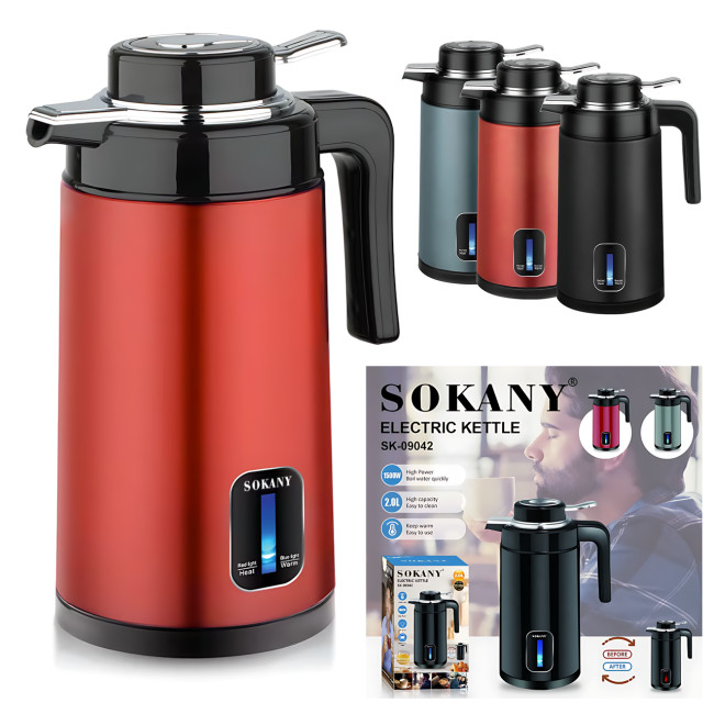 Електричний чайник-термочайник Sokany SK-09042 2 л, 1500 Вт, подвійні стінки, з неіржавкої сталі SUS316 Червоний