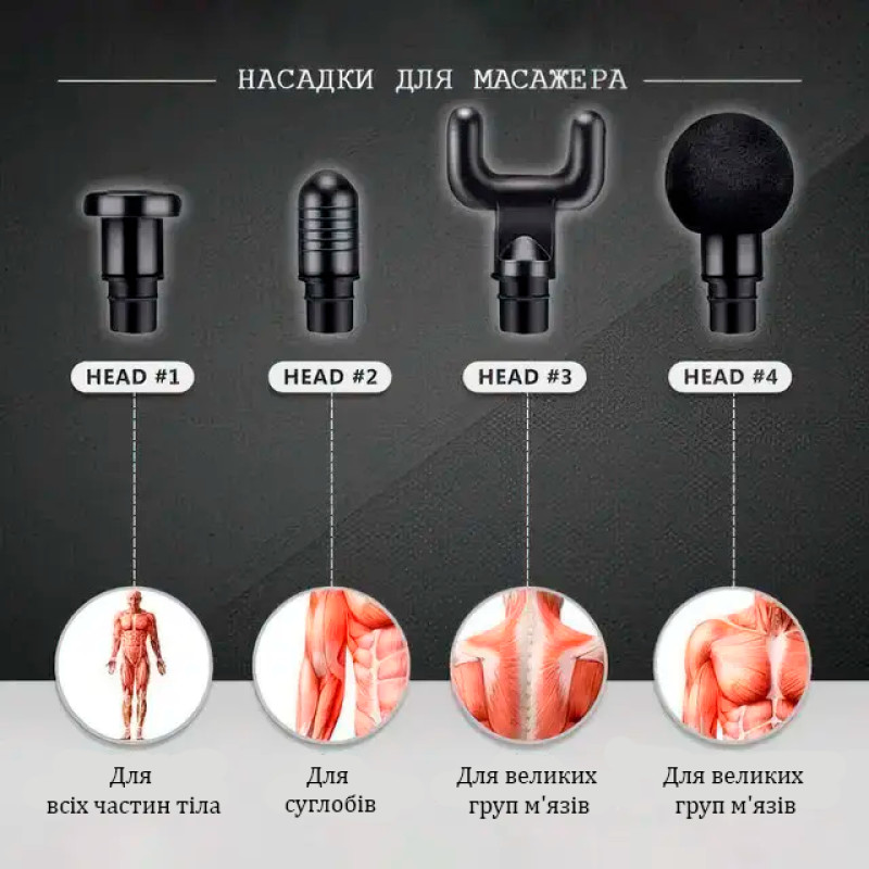 Вибрационный ударный мышечный массажёр Fascial Gun RF-709, 4 насадки фото - 7