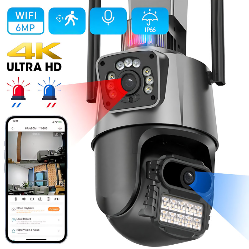 Wi-Fi IP камера P11, 3+3 Мп, PTZ, двойной объектив, ночное видение, сигнализация, автоотслеживание, IP66, SD фото - 4