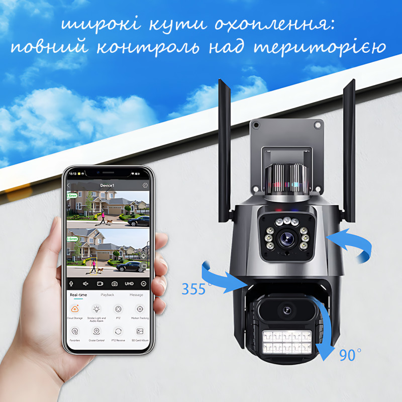 Wi-Fi IP камера P11, 3+3 Мп, PTZ, двойной объектив, ночное видение, сигнализация, автоотслеживание, IP66, SD фото - 5