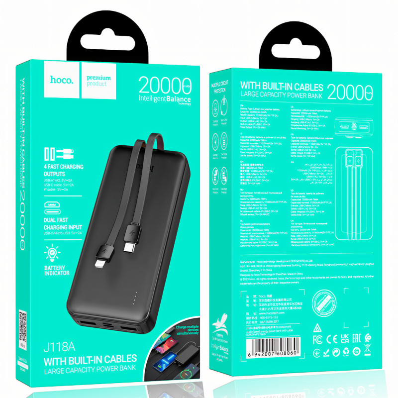Зовнішній акумулятор 20000 mAh, Power bank HOCO J118A, швидке заряджання, вбудований кабель фото - 6