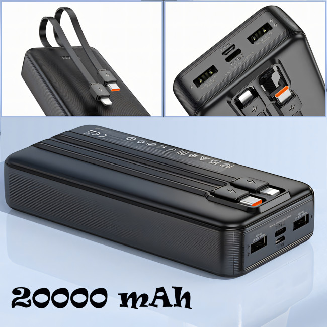 Зовнішній акумулятор 20000 mAh, Power bank HOCO J118A, швидке заряджання, вбудований кабель