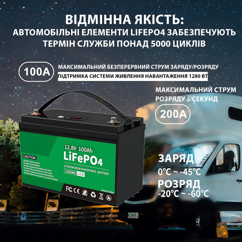 LiFePO4 аккумулятор 12.8V 100Ah – 12.5 кг, 5000+ циклов, BMS 100A фото - 3
