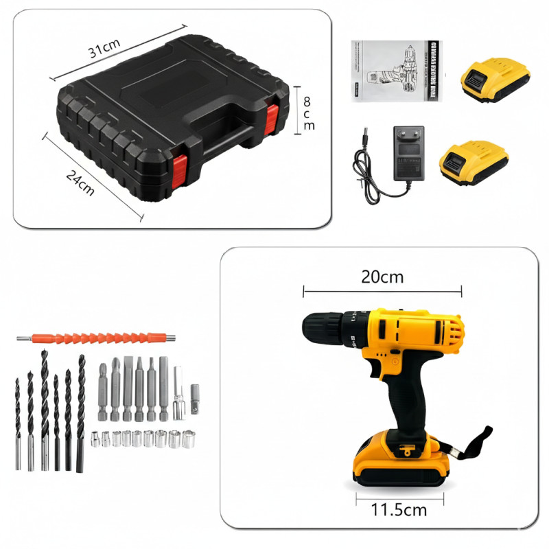 Аккумуляторный шуруповёрт 24V с 2 аккумуляторами, кейс, набор бит и сверл, гибкий удлинитель, реверс, подсветка, электро дрель фото - 9