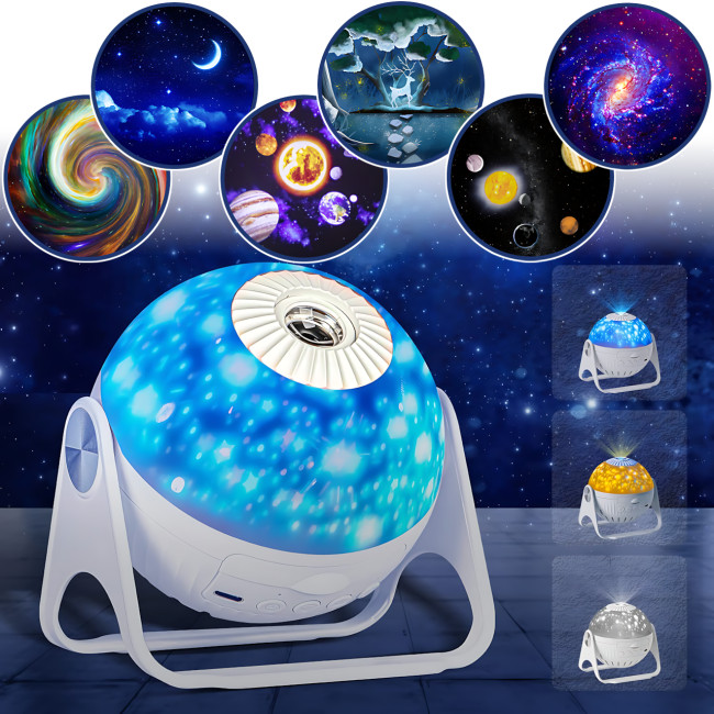Проєктор нічник Galaxy Star із 6 змінними слайдами, зоряне небо, галактики, планети, акумуляторний, USB, з регулюванням яскравості