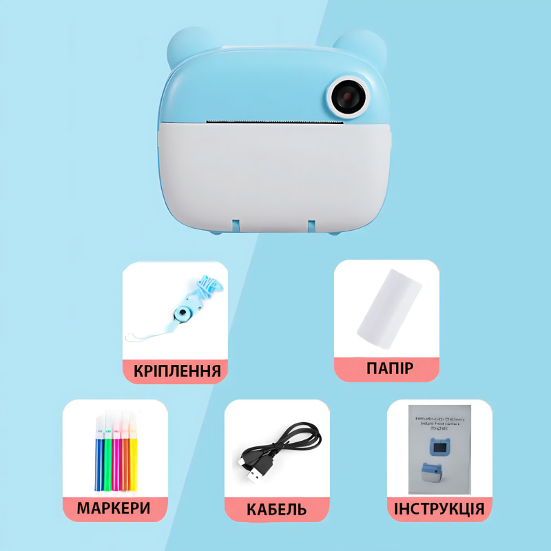Дитячий фотоапарат миттєвого друку M3, 2 камери, micro SD, акумулятор, USB-зарядка, пластик, рожевий Блакитний фото - 8