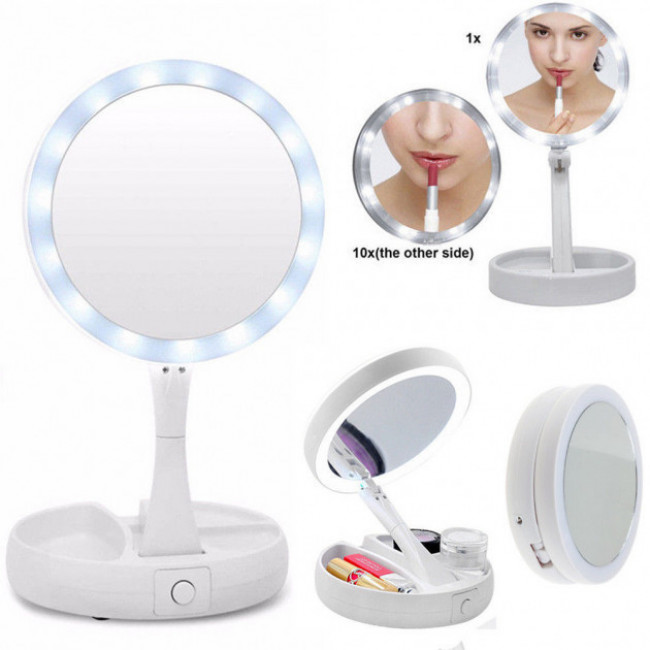 Настольное зеркало для макияжа Mirror My fold Away с LED подсветкой складное круглое фото - 1