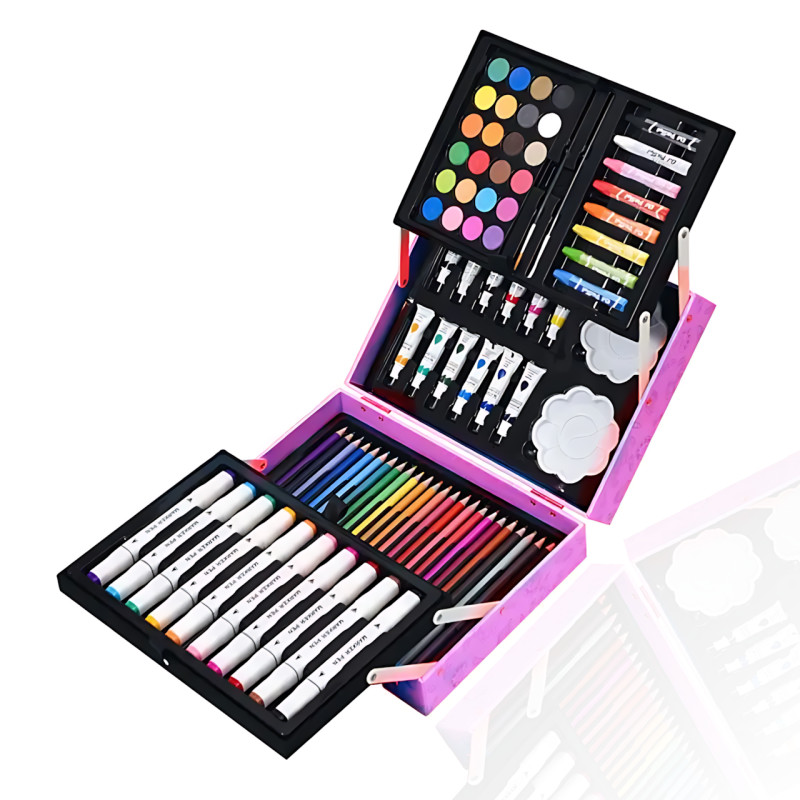 Набор для рисования Art Set, карандаши, маркеры, краски в пластиковом розовом чемоданчике, 82 предмета фото - 4