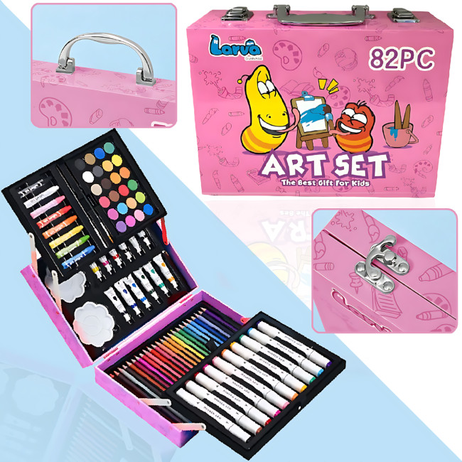 Набор для рисования Art Set, карандаши, маркеры, краски в пластиковом розовом чемоданчике, 82 предмета