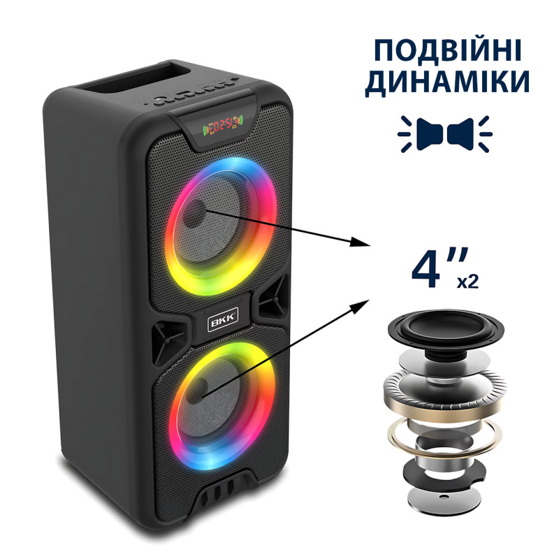 Портативна Bluetooth-колонка BKK B86 — 20 Вт, LED-підсвітка, FM-радіо, USB, TF, AUX, MIC, акумулятор 3000 мА фото - 6