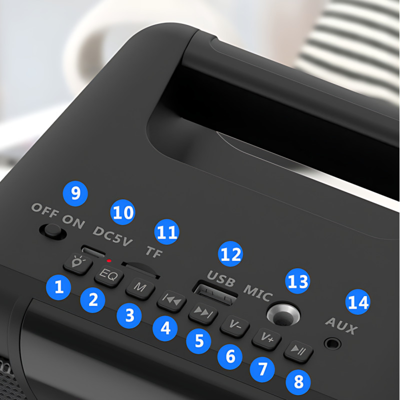 Портативна Bluetooth-колонка BKK B86 — 20 Вт, LED-підсвітка, FM-радіо, USB, TF, AUX, MIC, акумулятор 3000 мА фото - 8