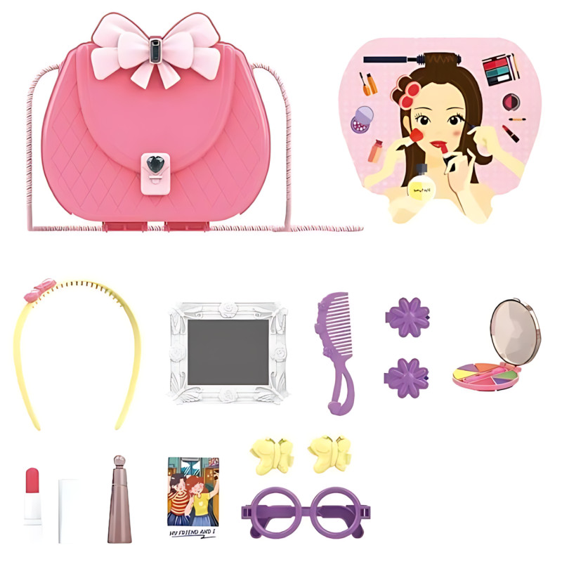 Дитячий косметичний набір у рожевій сумочці з дзеркалом Kids Pretend Toy Bag, 16 предметів фото - 5