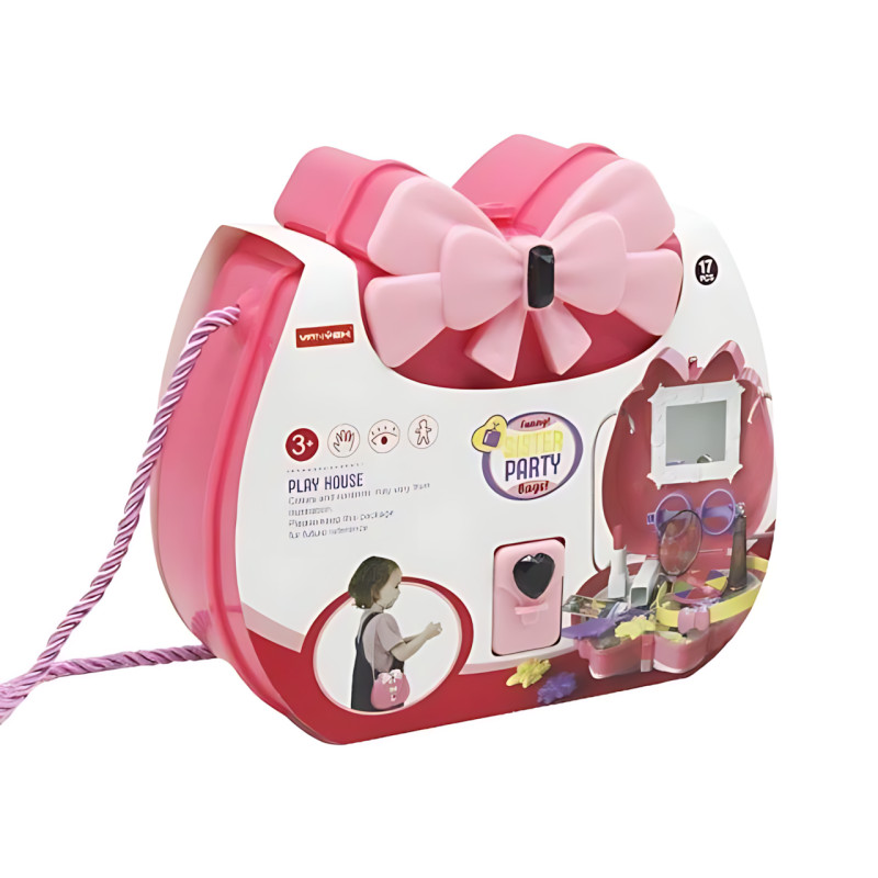 Дитячий косметичний набір у рожевій сумочці з дзеркалом Kids Pretend Toy Bag, 16 предметів фото - 4