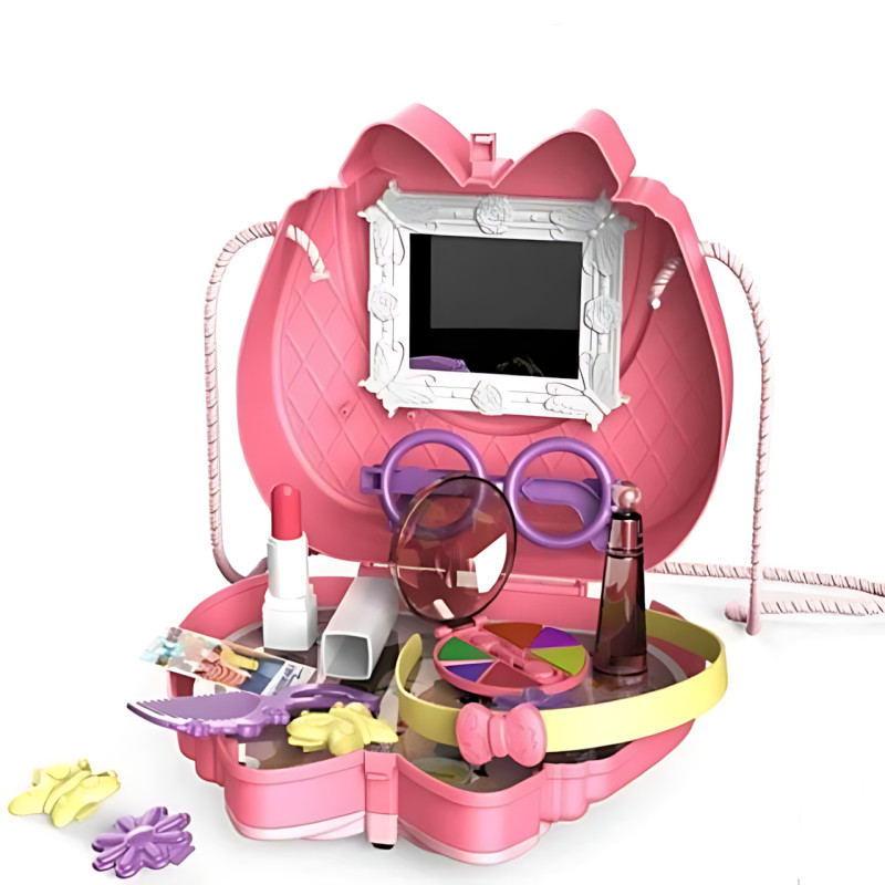 Дитячий косметичний набір у рожевій сумочці з дзеркалом Kids Pretend Toy Bag, 16 предметів фото - 2