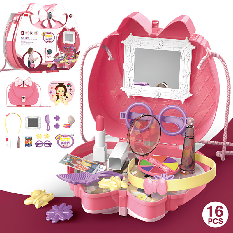 Дитячий косметичний набір у рожевій сумочці з дзеркалом Kids Pretend Toy Bag, 16 предметів фото - 3