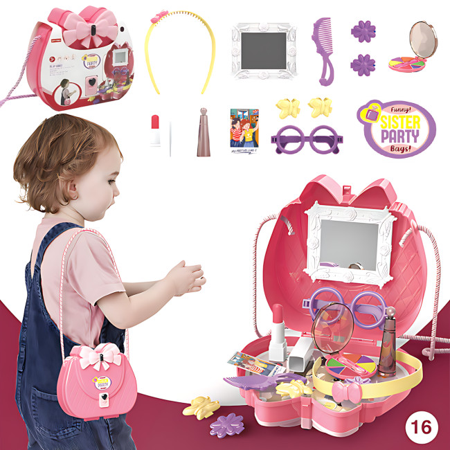 Дитячий косметичний набір у рожевій сумочці з дзеркалом Kids Pretend Toy Bag, 16 предметів