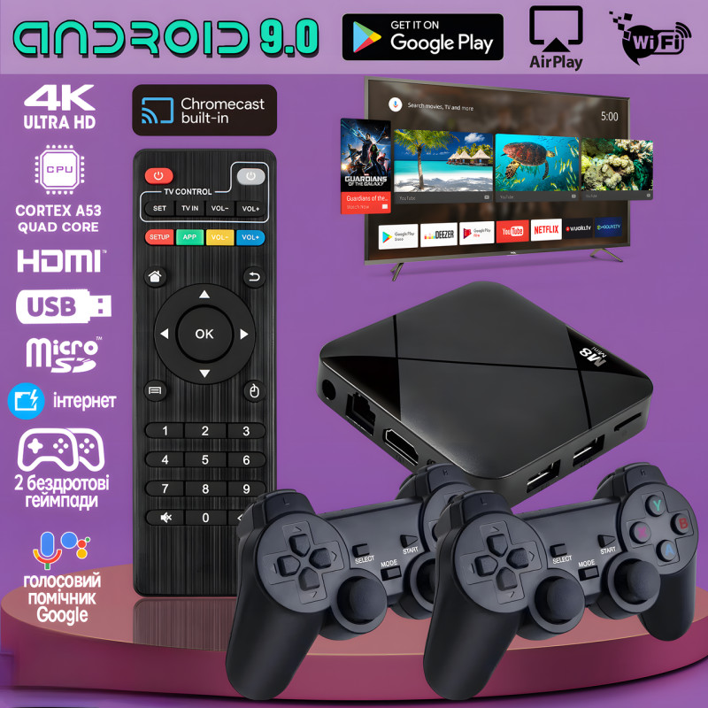 Ігрова приставка M8 mini 4K Android TV, 64 gb, з вбудованим емулятором ретроігор і джойстиками фото - 2