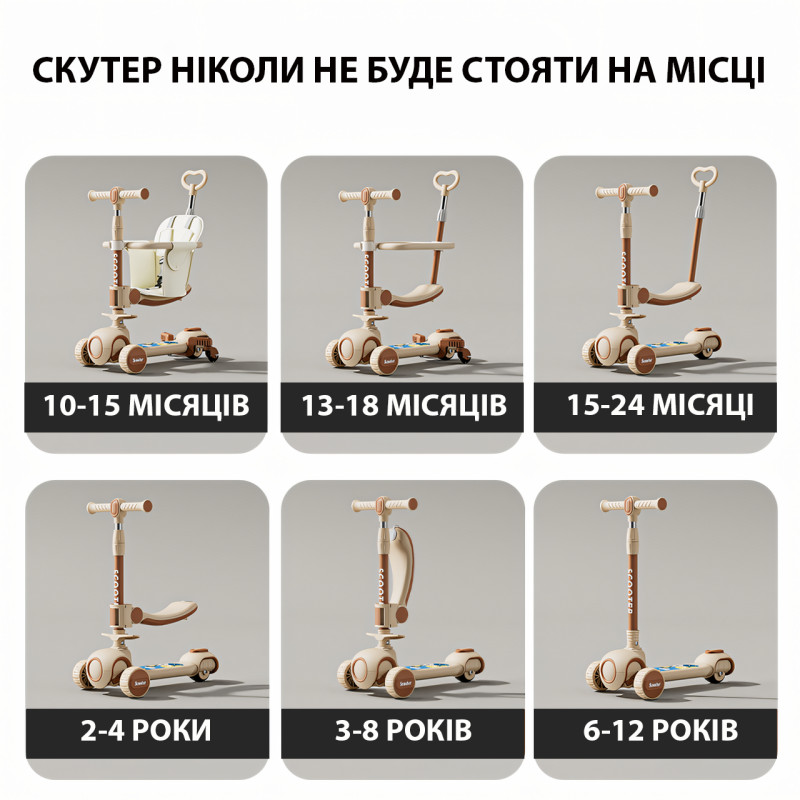 Детский самокат DD-V1 с сидением и родительской ручкой, многофункциональный, 4 колеса, от 1 до 12 лет фото - 2
