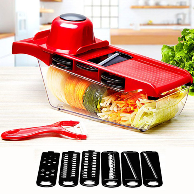 Мультислайсер овочерізка 6 насадок MANDOLINE SLICER з контейнером, ніж для чистки в подарунок червоний