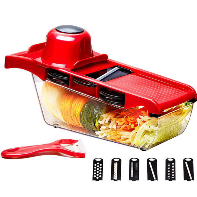 Мультислайсер овочерізка 6 насадок MANDOLINE SLICER з контейнером, ніж для чистки в подарунок червоний фото - 5