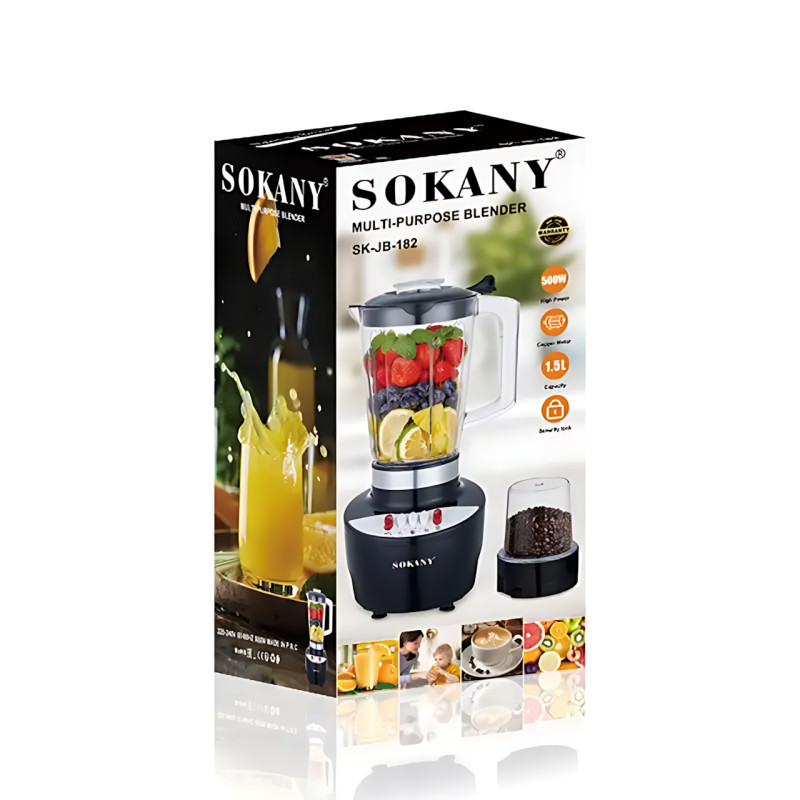 Блендер SOKANY SK-JB-182, багатофункціональний блендер 500 Вт, 1.5 л, 3 швидкості, з млином і мідним мотором фото - 6