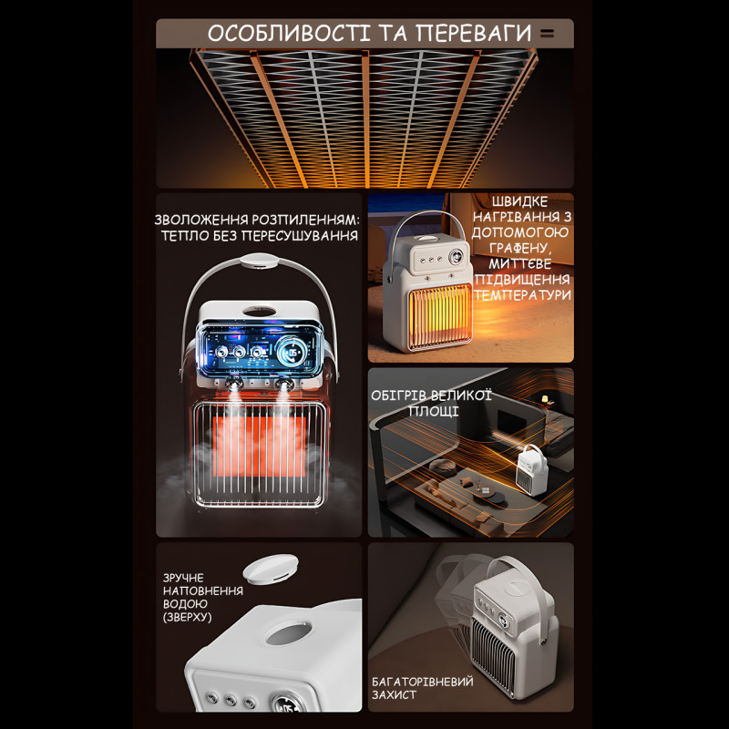 Электрический обогреватель 2-в-1 с увлажнителем 1200 Вт, PTC + графен, таймер 2&ndash;8 ч, 3 режима, вентилятор, 220 В фото - 5