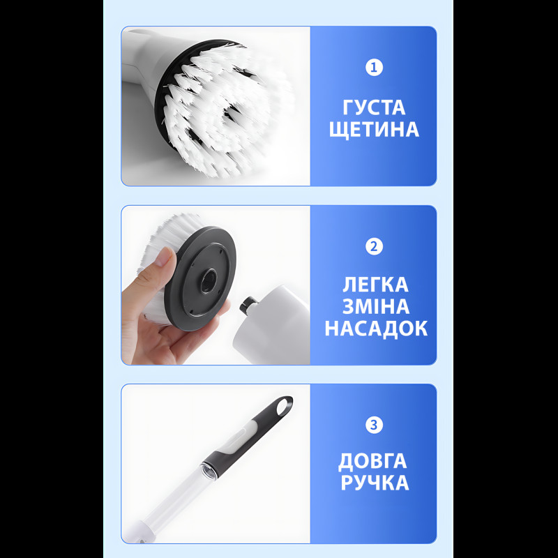 Електрична бездротова щітка-скруббер Cleaning brush AND1-33, 360° обертання, з насадками, Type-C, АКБ фото - 4