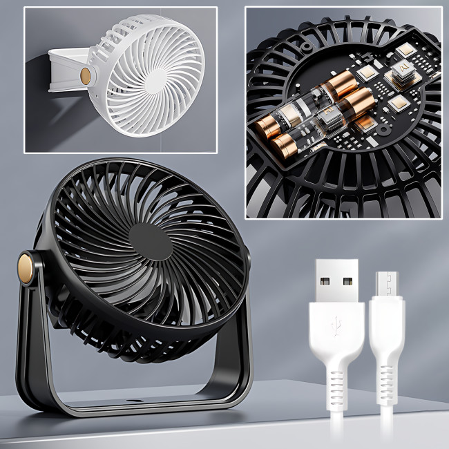 Компактний вентилятор AND1261 настільний/настінний, 3 швидкості, USB, 800 мА·год, тихий 62-70 дБ, 5 Вт, 13×13 см