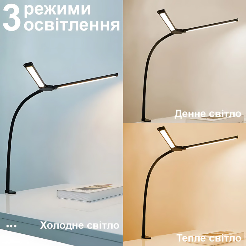 Настільна лампа MA729 з гнучкою ніжкою, LED 10 Вт, регулювання яскравості, температури світла 3000-6000K, USB, струбцина фото - 4