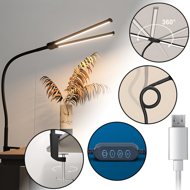 Настільна лампа MA729 з гнучкою ніжкою, LED 10 Вт, регулювання яскравості, температури світла 3000-6000K, USB, струбцина