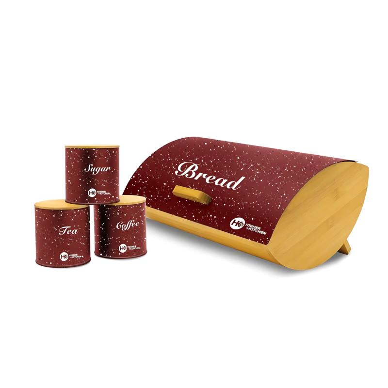 Хлібниця з бамбука та металу Higher Zepline ZP-042 + 3 баночки для сипких продуктів, червоний фото - 2