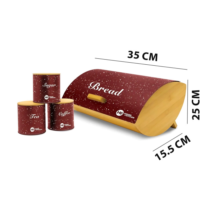 Хлібниця з бамбука та металу Higher Zepline ZP-042 + 3 баночки для сипких продуктів, червоний фото - 7